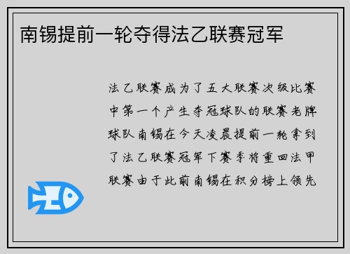 南锡提前一轮夺得法乙联赛冠军